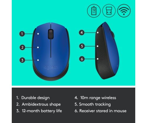 Logitech M171 Wireless Mouse RF Wireless, 1000 DPI, Blue/Black