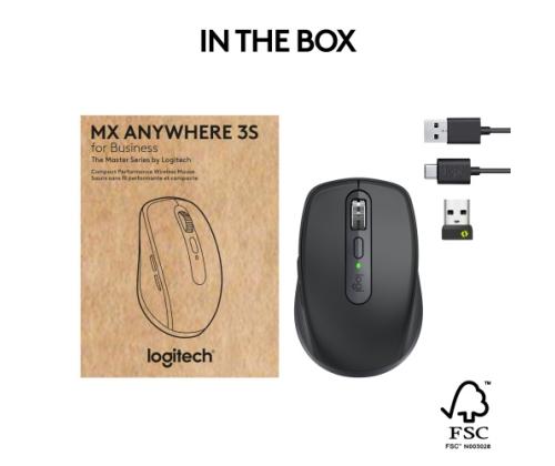 Logitech MX Anywhere 3S for Business Wireless Mouse, RF Wireless + Bluetooth, 8000 DPI, Graphite