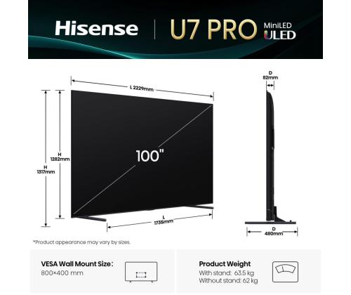 TV Set HISENSE 100 " 4K Ultra HD 3840 x 2160 pixels Flat 16:9 ULED 100U7QPRO