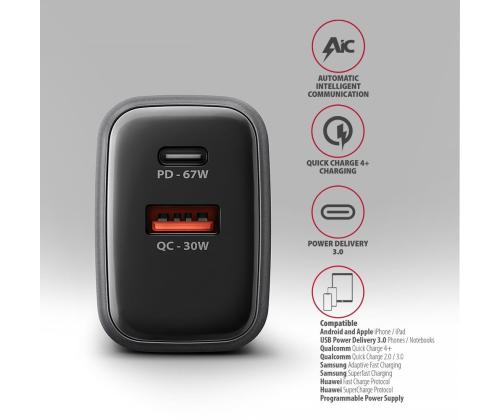 MOBILE CHARGER WALL USB 67W/GAN 2PORT ACU-PQ67D AXAGON